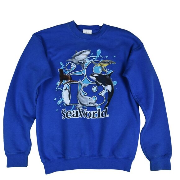 SeaWorld Dolphin Crewneck Sweater Kids Large Blue - Picture 1 of 7